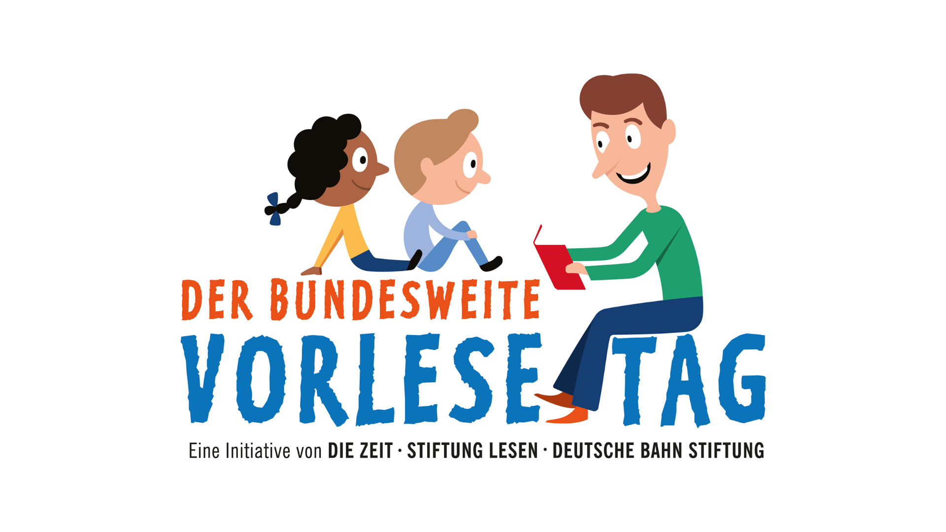 Logo des Bundesweiten Vorlesetags mit einem vorlesenden Mann und zwei Kindern. Schriftzug „Der Bundesweite Vorlesetag“. Darunter: „Eine Initiative von DIE ZEIT · STIFTUNG LESEN · DEUTSCHE BAHN STIFTUNG“.