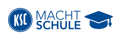 KSC Macht Schule Vereinslogo und Doktorhut in blau vor weißem Hintergrund